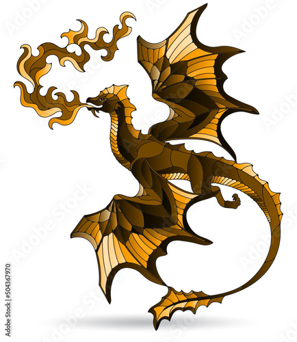 Stained glass illustration with a  winged dragon, figure isolated on a white background, tone brown
