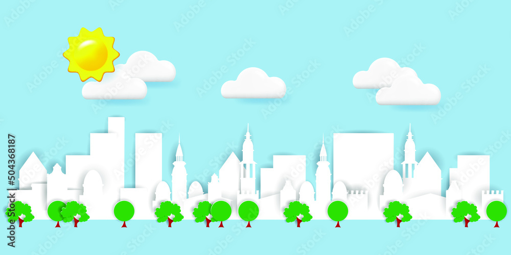 City landscape in paper cut art style. Realistic 3d sun and clouds and paper cityscape City landscape in paper cut art style. Realistic 3d sun and clouds and paper cityscape
