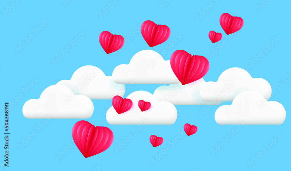 3D Flying hearts. Blue sky, white clouds and voluminous red hearts. Holiday background for Valentine's day, Wedding, Mother's Day