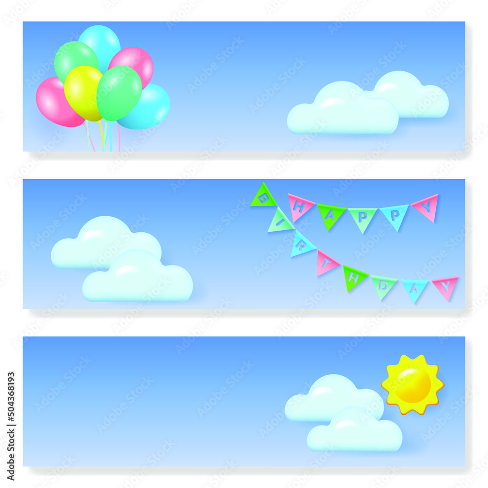 Horizontal banner set of the Birthday greeting cards with bunting flags and balloons. Color flags garland and balloons in the cloudy sky