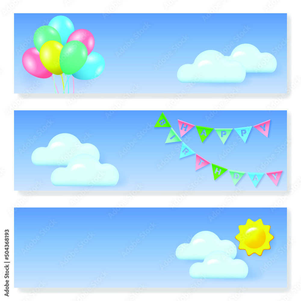 Horizontal banner set of the Birthday greeting cards with bunting flags and balloons. Color flags garland and balloons in the cloudy sky Horizontal banner set of the Birthday greeting cards with bunting flags and balloons. Color flags garland and balloons in the cloudy sky