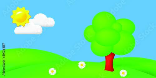 World environment day banner. Summer landscape with green hills  rainbow  3d sun  white clouds and tree