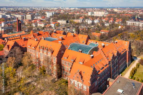 Beautiful building of the University of technology in Gdansk at spring time. Poland