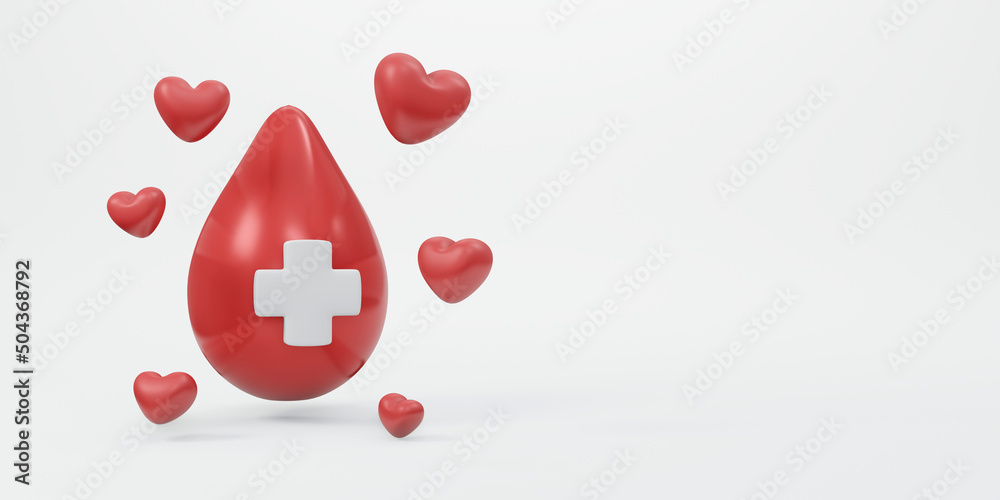 3D Rendering of blood drop with red cross sign with copy space background, banner, card, poster concept of world blood donation day. 3D Render illustration cartoon style. 3D Rendering of blood drop with red cross sign with copy space background, banner, card, poster concept of world blood donation day. 3D Render illustration cartoon style.