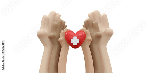 3D Rendering of hand holding heart with red cross sign background, banner, card, poster with text inscription concept of world organ donation day, blood donation. 3D Render illustration cartoon style. photo