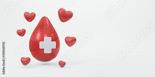 3D Rendering of blood drop with red cross sign with copy space background, banner, card, poster concept of world blood donation day. 3D Render illustration cartoon style. photo