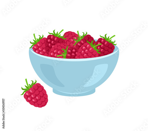 Raspberry in blue bowl isolated on white. Vector flat icon of fresh red berries.