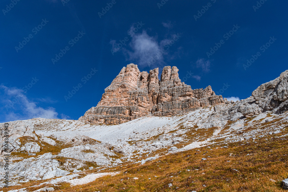 the peaks of the dolomites during autumn, one of the many unesco sites in the italian alps, near the town of Cortina d'ampezzo, Italy - October 2021. the peaks of the dolomites during autumn, one of the many unesco sites in the italian alps, near the town of Cortina d'ampezzo, Italy - October 2021.