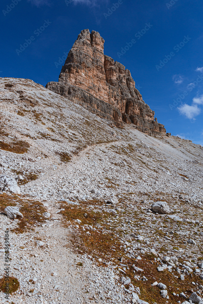 the peaks of the dolomites during autumn, one of the many unesco sites in the italian alps, near the town of Cortina d'ampezzo, Italy - October 2021.