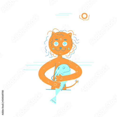  Vector colorful lion cube holding a big fish, dolphin in paws. Smiling funny childish little lion hugging a small whale on sunny bright day, standing under small sun and among clouds, waves.