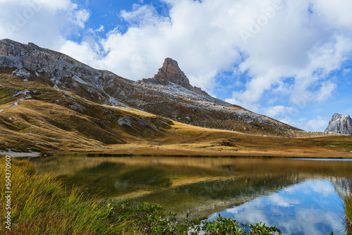 the nature, the lake and the panorama inside the Natural Park "Tre Cime - Dolomiti di Sesto" during the autumn season, near the town of Auronzo di Cadore, Italy - October 2021.