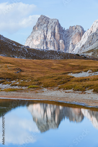 the nature, the lake and the panorama inside the Natural Park "Tre Cime - Dolomiti di Sesto" during the autumn season, near the town of Auronzo di Cadore, Italy - October 2021. © Roberto