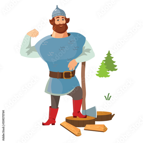 Russian hero in an old military uniform stands in the pose of a lumberjack with an ax over logs of firewood. The concept of forceful problem solving