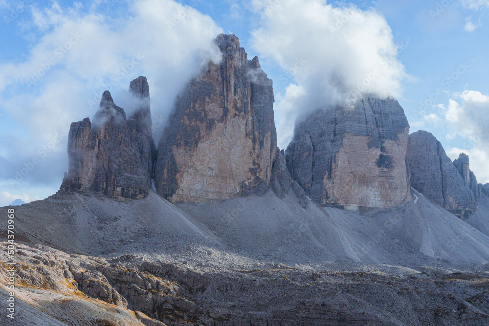 The three peaks of lavaredo: one of the most beautiful and famous mountains in the world, inside the tre cime-dolomiti di sesto natural park, Veneto - October 2021.