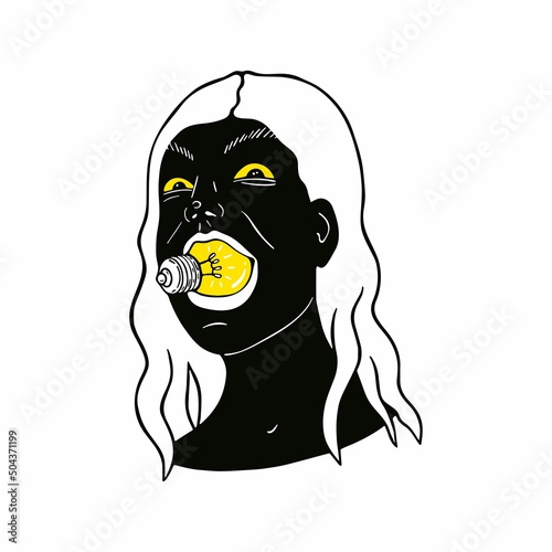 Vector illustration of a portrait of a man with a light bulb in his mouth. Girl with a light bulb funny art. Isolated on white background.