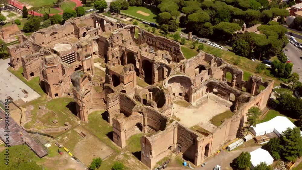 Aerial view of Baths of Caracalla located in Rome, Italy. They were