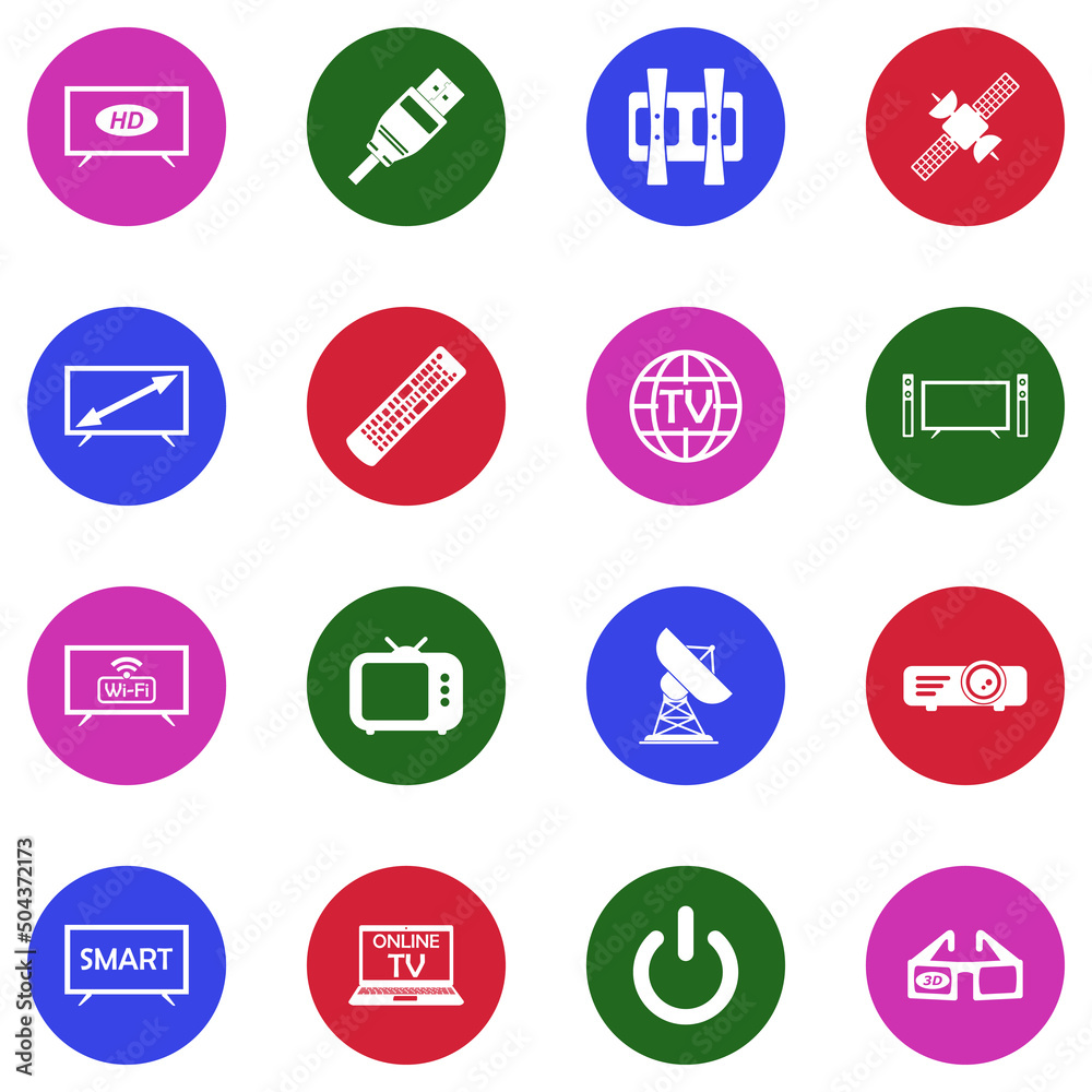 Television Icons. White Flat Design In Circle. Vector Illustration. Television Icons. White Flat Design In Circle. Vector Illustration.