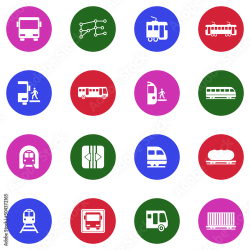 Bus And Train Icons. White Flat Design In Circle. Vector Illustration.