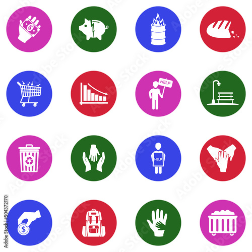 Poverty Icons. White Flat Design In Circle. Vector Illustration.