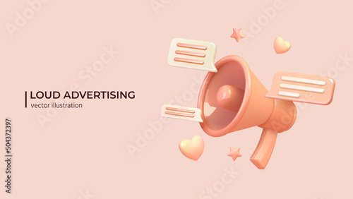 Marketing or advertising concept, 3d megaphone loudspeaker with yellow lightnings. Realistic vector illustration