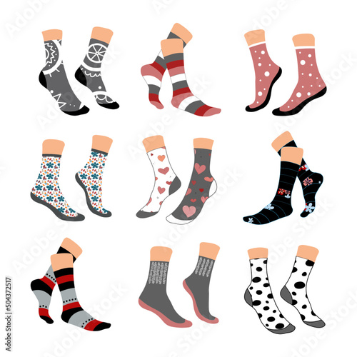 Bright vector image of socks. Simple and complex patterns, calm colors.