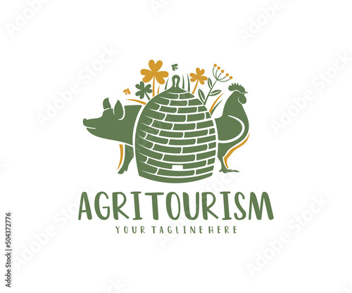 Agritourism, beehive, forbs, pig and rooster, logo design. Agriculture, farming, beekeeping, animal husbandry and poultry farming, vector design and illustration