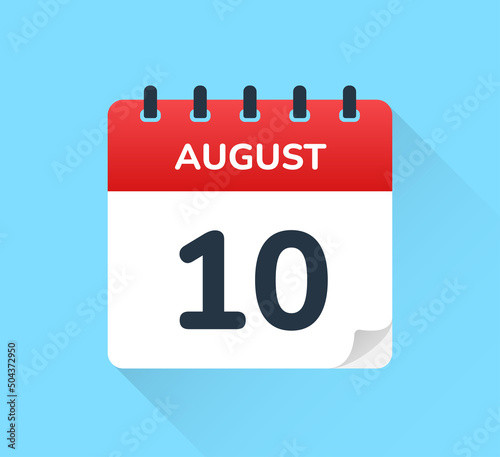 August 10, ten of the month. Vector flat design of daily calendar icon. Date and day of the year.