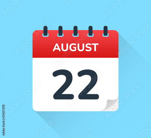 August 22, twenty-two of the month. Vector flat design of daily calendar icon. Date and day of the year.