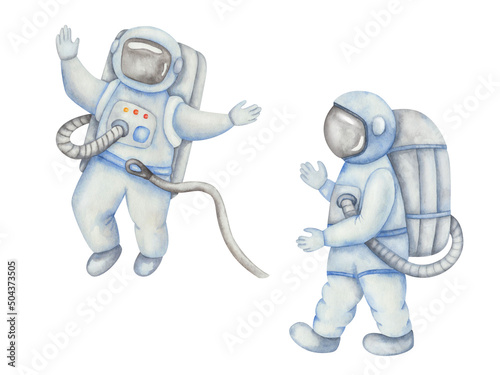 Watercolor illustration of hand painted spaceman in space costume in grey and blue colors. Flying and walking cosmonaut. Isolated clip art Astronaut for poster. International Day of Human Space Flight