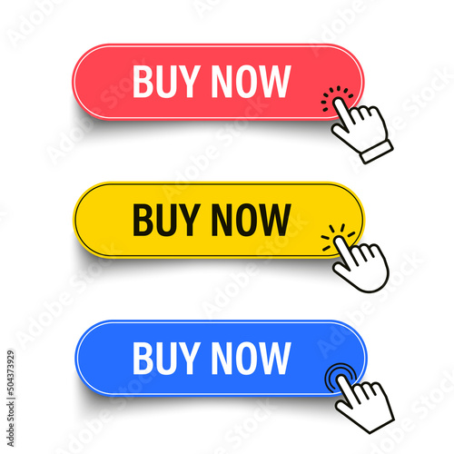 Buy now button set. Shop now. Modern collection for web site. Online shopping. Click here, apply, buttons hand pointer clicking. Web design elements. Vector illustration