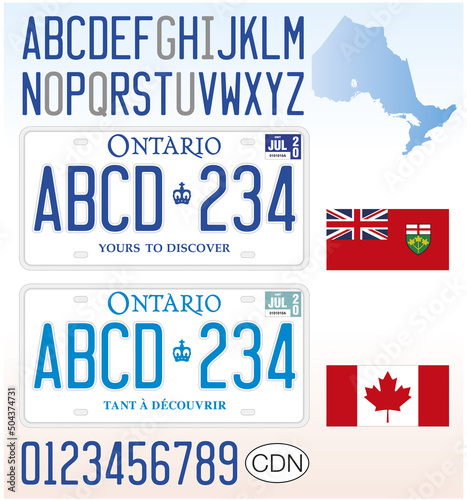 Ontario car license plate, Canada, letters, numbers and symbols, vector illustration