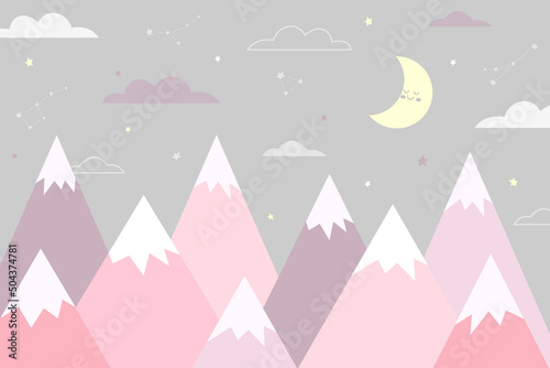 Mountain landscape background, night stars sky background, design for children's room. Children's wallpapers in scandinavian style. Vector illustration