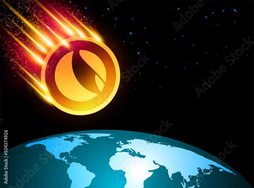 Terra LUNA in downtrend and price falls down. Cryptocurrency trading crisis and crash. Vector illustration. The moon flies to earth