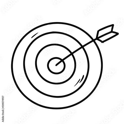 Goal table target dartboard icon with a flying arrow hand drawn vector scribble doodle sketch in a black white monochrome style. Ideal bullet journal presentation art.