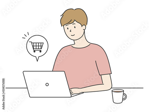 ノートパソコンでネットショッピングをする男性