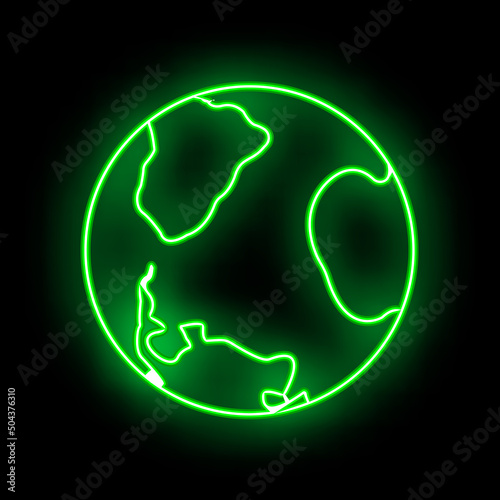 Eco friendly alternative energy source and waste recycling icon, concept green eco earth glow neon flat vector illustration, isolated on black.