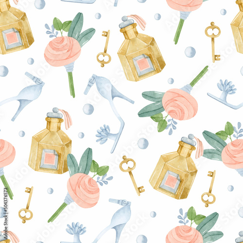 Watercolor perfume bottle, wedding shoes and rose boutonniere seamless pattern