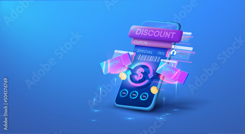 A phone with a coupon, a special offer of the store. Store special offers advertisement. Neon blue phone with coupon. Loyalty program, advertising metaphors. Vector illustration