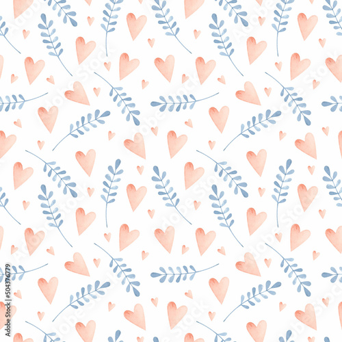 Pink hearts and blue branches watercolor seamless pattern