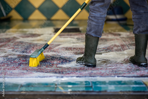 Carpet chemical cleaning with brush.