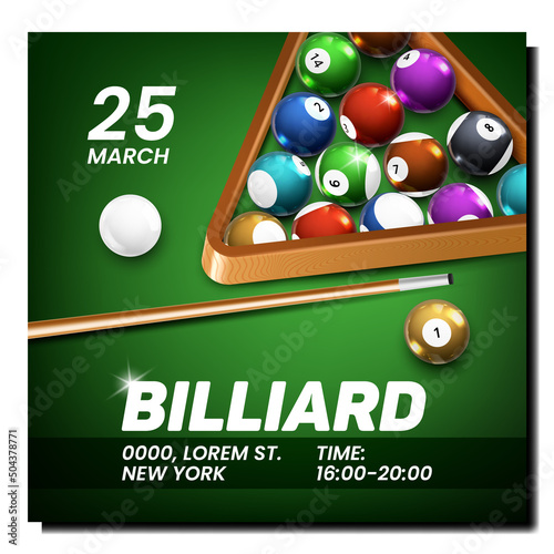 Billiard Game Creative Promotion Banner Vector. Billiard Balls In Triangle And Wooden Stick On Playing Table Surface, Tools For Play Sport Game Advertise Poster. Style Concept Template Illustration