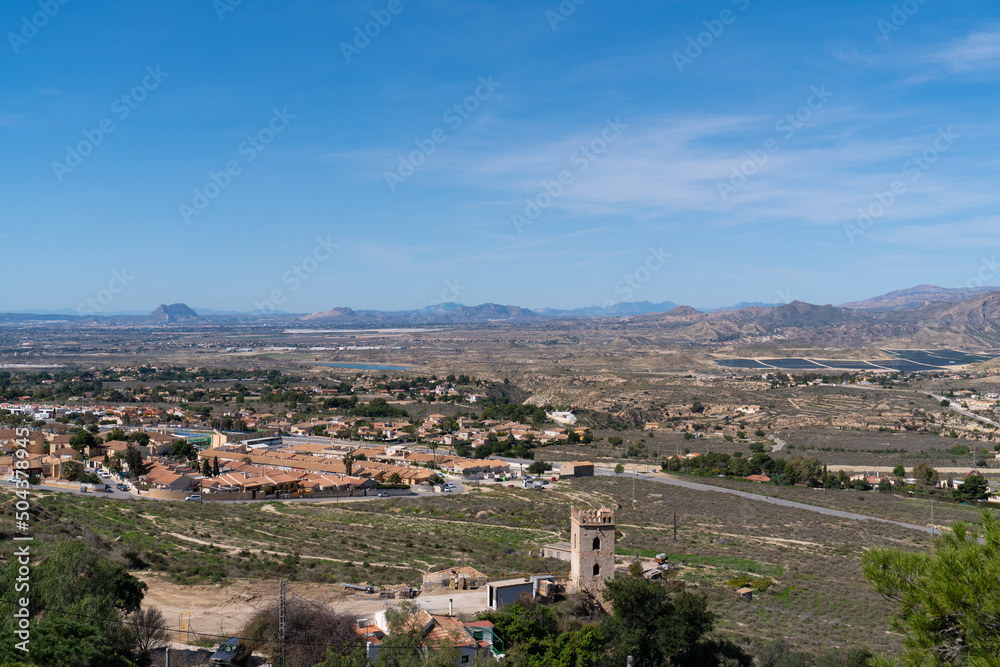 Spanish countryside and old church from village of Busot Spain historic pueblo near El Campello and Alicante