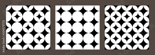 Set of 3 tiles. Black and white tiles collection. Azulejos art design. Spanish, Portugease tiles set. Seamless pattern.
