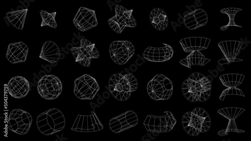 Set of abstract geometric technology elements in cyberpunk style. Retro vintage collection 3d virtual digital design. Texture 80s vr. Futuristic metaverse pattern. Vector isolated template background