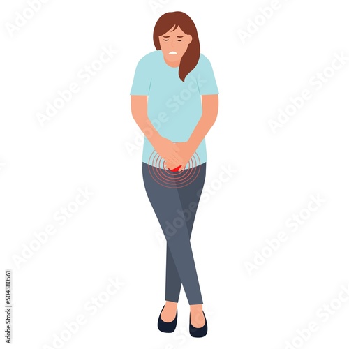 Woman feeling severe pain in the lower abdomen. Bladder disease. Pain during menstruation, cystitis, urethritis, incontinence or other problems of the urethra. Isolated, vector illustration