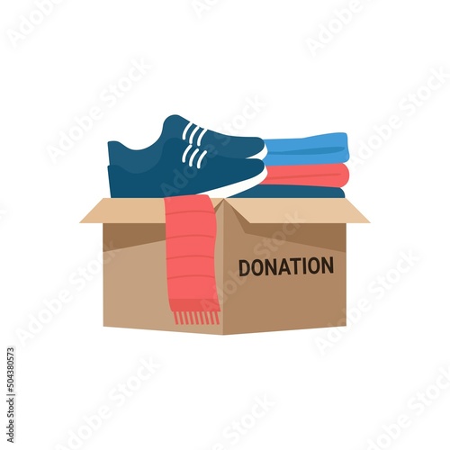 Donation box full of clothes and accessories, humanitarian support.Charity and donation. Flat vector illustration isolated on white background