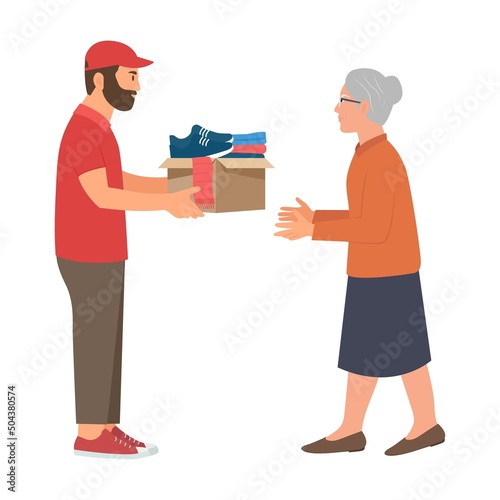 Volunteer holds a  box full of clothes and accessories Clothes donation concept. Humanitarian assistance to poor people.Charity and donation. Cartoon flat vector illustration 