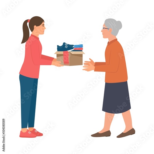 Volunteer holds a  box full of clothes and accessories Clothes donation concept. Humanitarian assistance to poor people.Charity and donation. Cartoon flat vector illustration