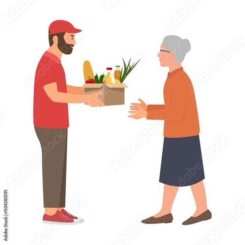 Volunteer holds a  box of food. Food donation concept.Humanitarian assistance to poor people.Charity and donation. Cartoon flat vector illustration isolated on white background