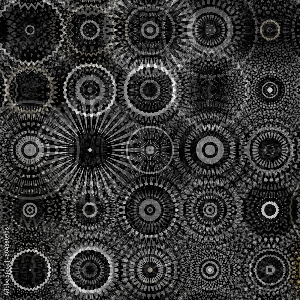 black and white and shades of grey grid dot and spot pattern with green contrasting portions snowflake style black and white and shades of grey grid dot and spot pattern with green contrasting portions snowflake style